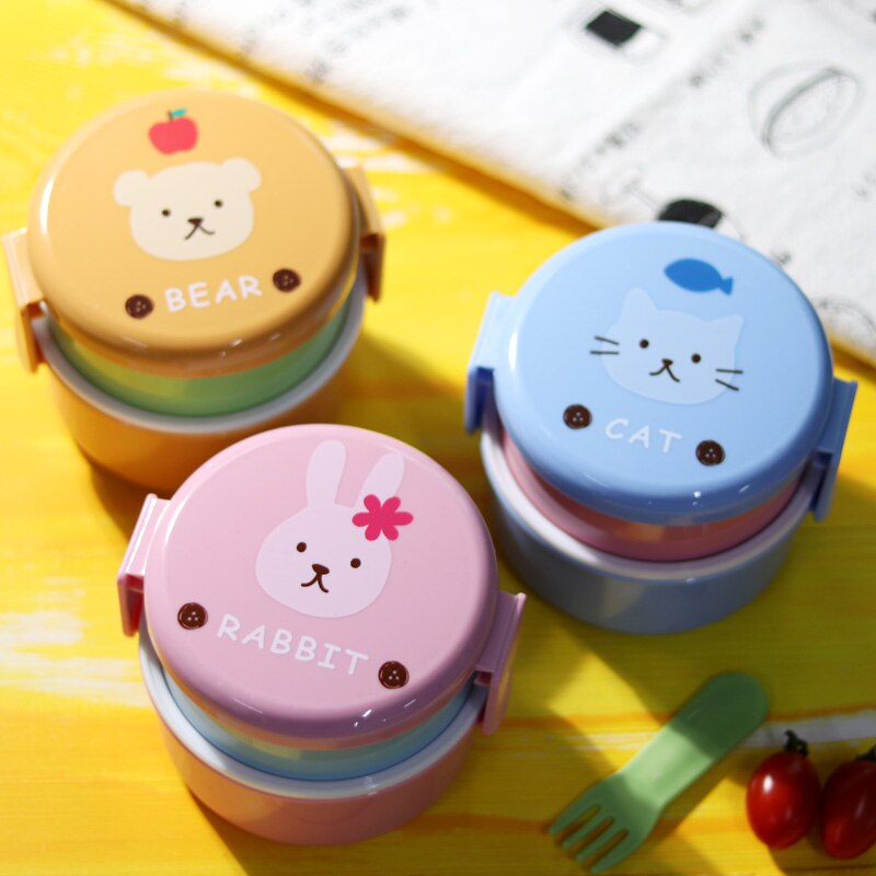 Cute Animal Lunch Box Japanese Double-layer Round Mini Bento Box Children&#39;s Fruit Box Snack Box Microwave Kids Lunch Box 540ml