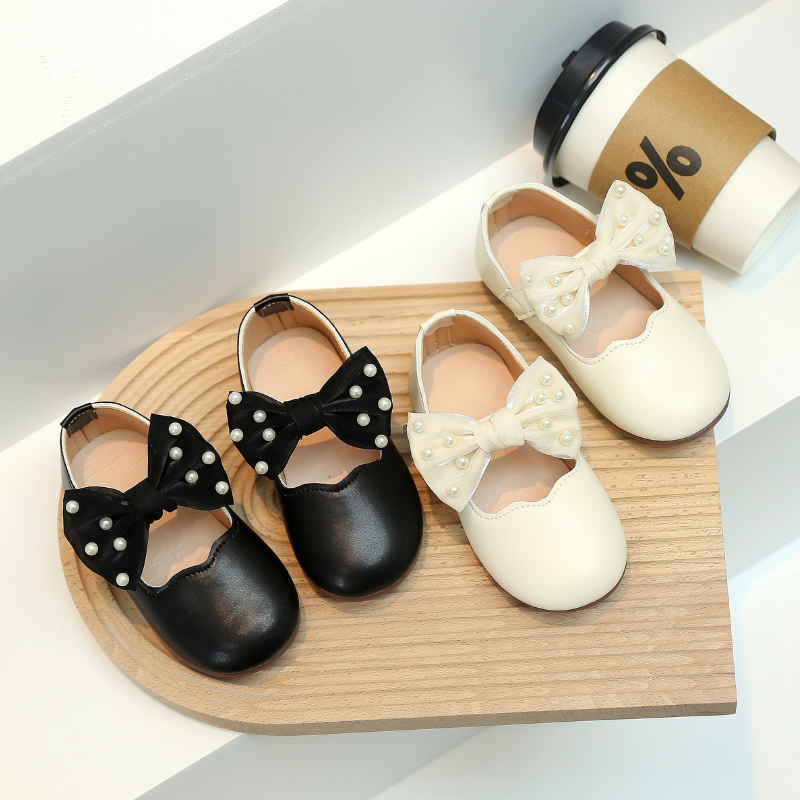 Children Mary Janes Beading Ribbon Black Beige Girl's Princess Shoes Shallow Flexiable Kids Flat Shoe 21-30