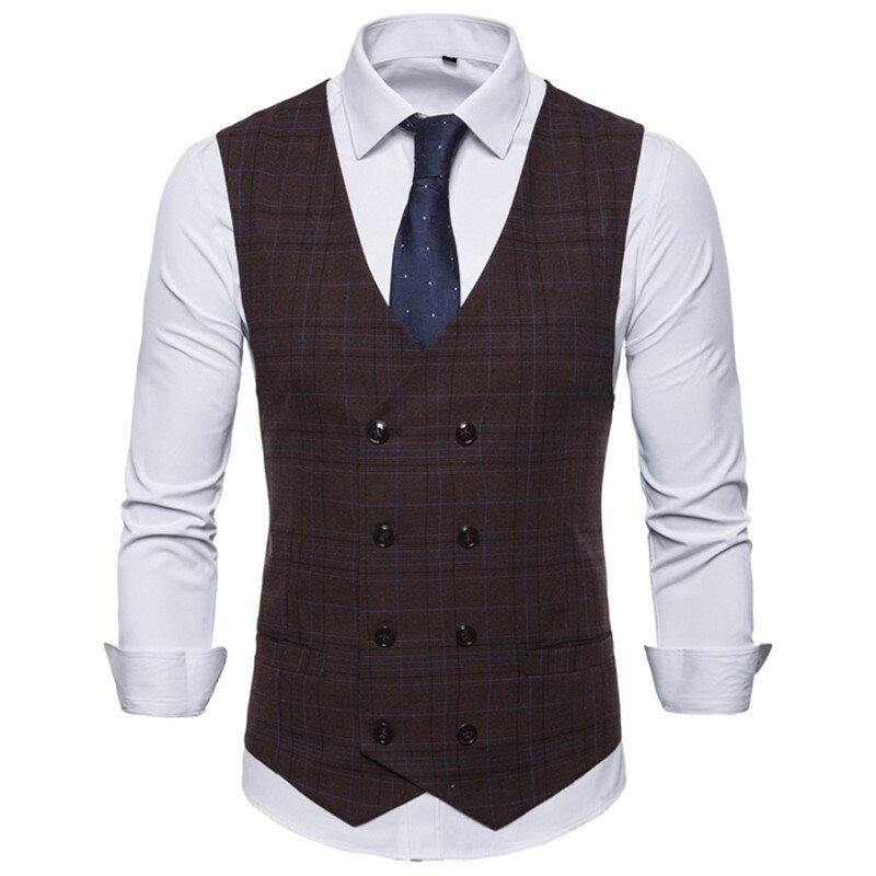 Male Plaid Slim Fit Dress Vests Men's Casual Sleeveless Formal Business Jacket Suit Vest Wedding Waistcoat Homme Plus Size: brown / L