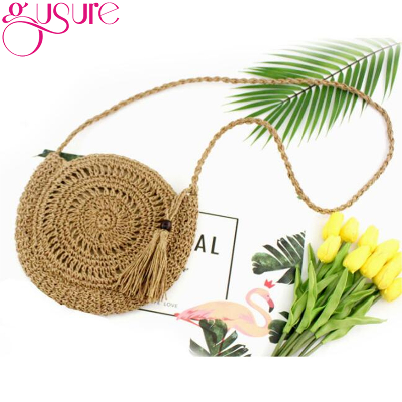 Gusure Rotan Hollow Geweven Ronde Vrouwen Stro Crossbody Tas Gebreide Zomer Strand Kwastje Handtas Vrouwelijke Kleine Schouder Tas