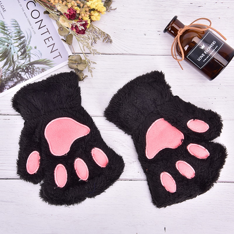 Soft Plush Short Fingerless Fluffy Bear Cat Gloves Costume Half Finger Black Beige Women Cute Cat Claw Paw Plush Mittens Warm