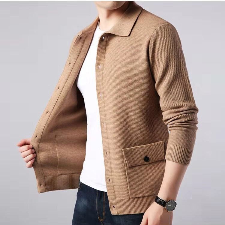Veste en tricot 30% laine pour homme, pull-over, couleur unie, col rabattu, Cardigan, vêtement d&#39;extérieur, bonne