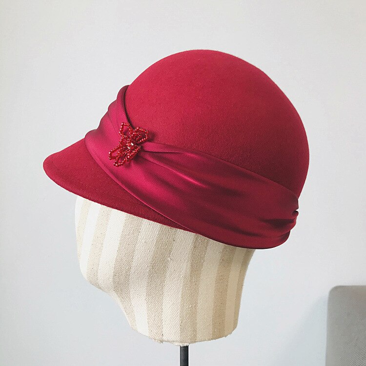 Solid vinter kvinders varme uld fedora hat retro stil bånd band damer ridning cap baseball cap beret hat formel: Rød