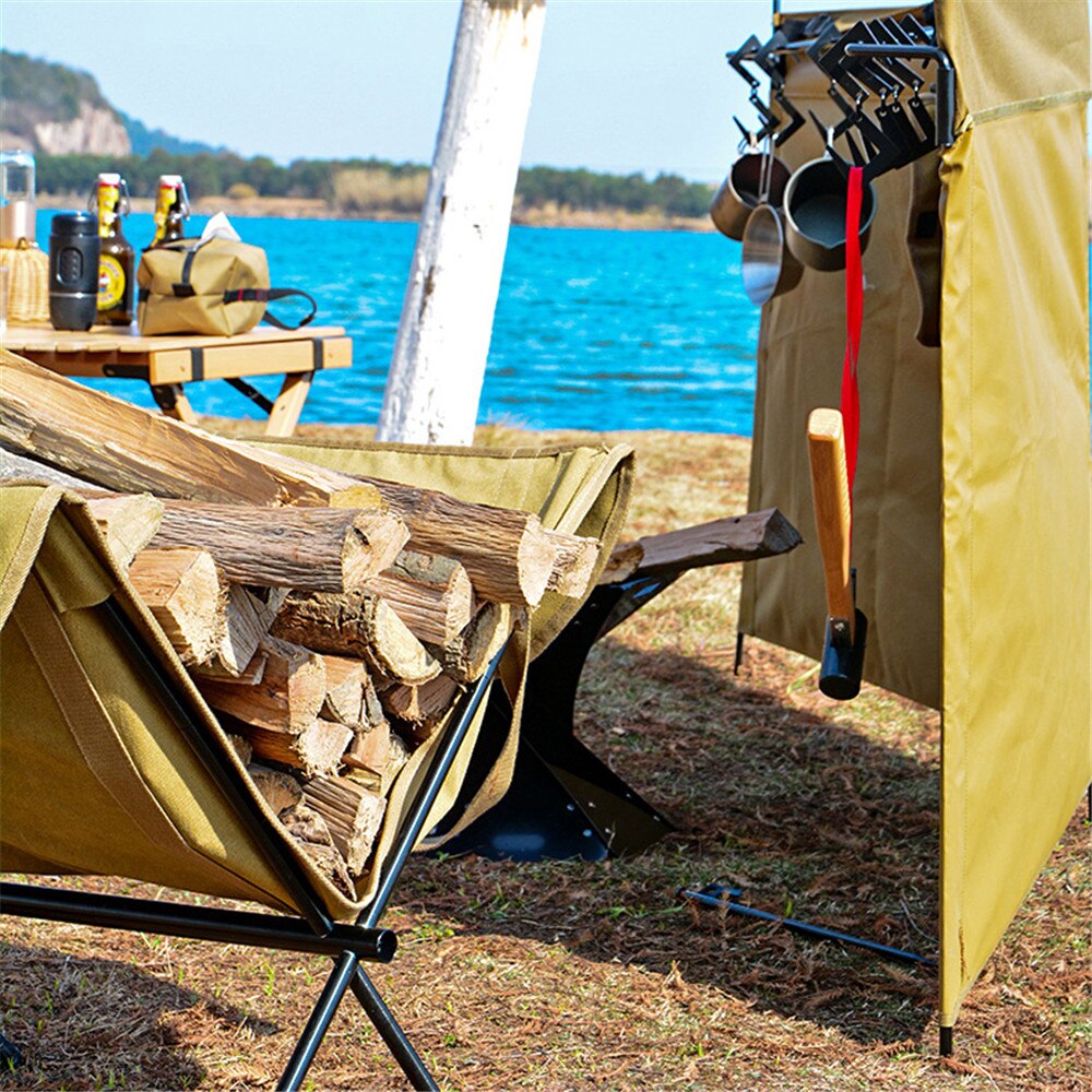 Bolsa de almacenamiento de madera para exteriores, manijas de lona de aleación de aluminio plegable a prueba de humedad con estante para acampar, soporte de almacenamiento de leña