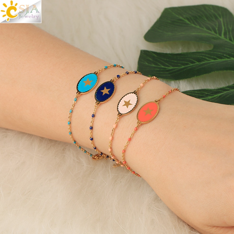 CSJA, pulsera de acero inoxidable para mujer, colgante de estrella esmaltada, cadena de eslabones de Color dorado con cuentas, delicado Delgado, pulseras Inoxydable Acier S718