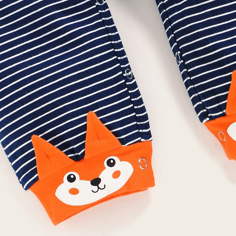 Letnia dziewczynka ubrania dziewczynka/chłopiec 0-24 miesięcy pajacyk dziecięcy z krótkim rękawem ciemny niebieski pasek kombinezon kreskówka wzór w lisa ubrania