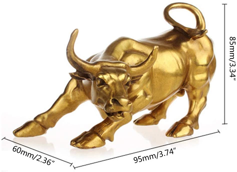 Feng Shui Fortune Brass Wall Street Bull Statue, Sculpture Home Decoration Golden Copper Bull Represents Good Luck of Career and