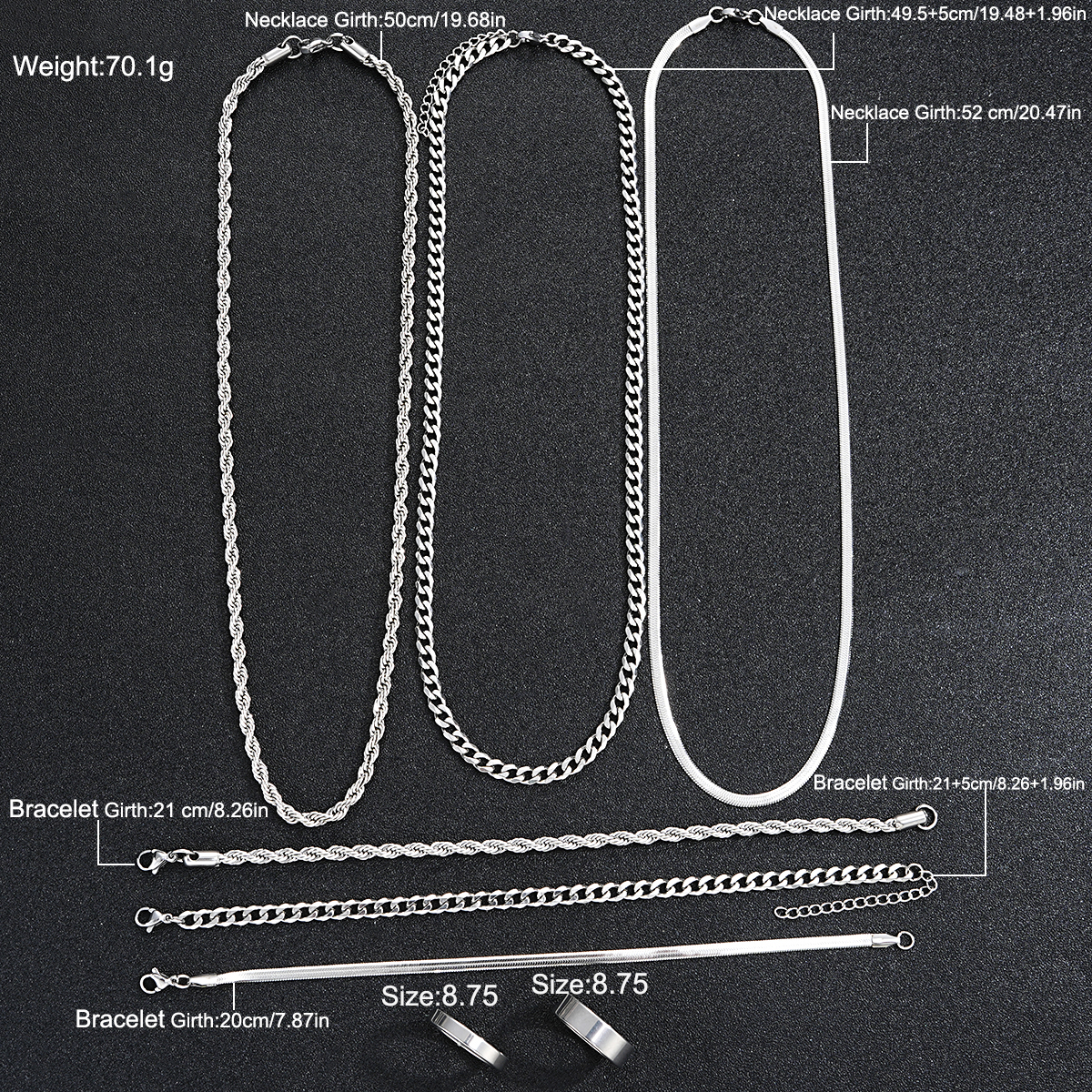 Simple Stainless Steel Silver Color Jewelry Sets for Men Unisex Punk Vintage Smooth Ring Necklace Bracelet Set