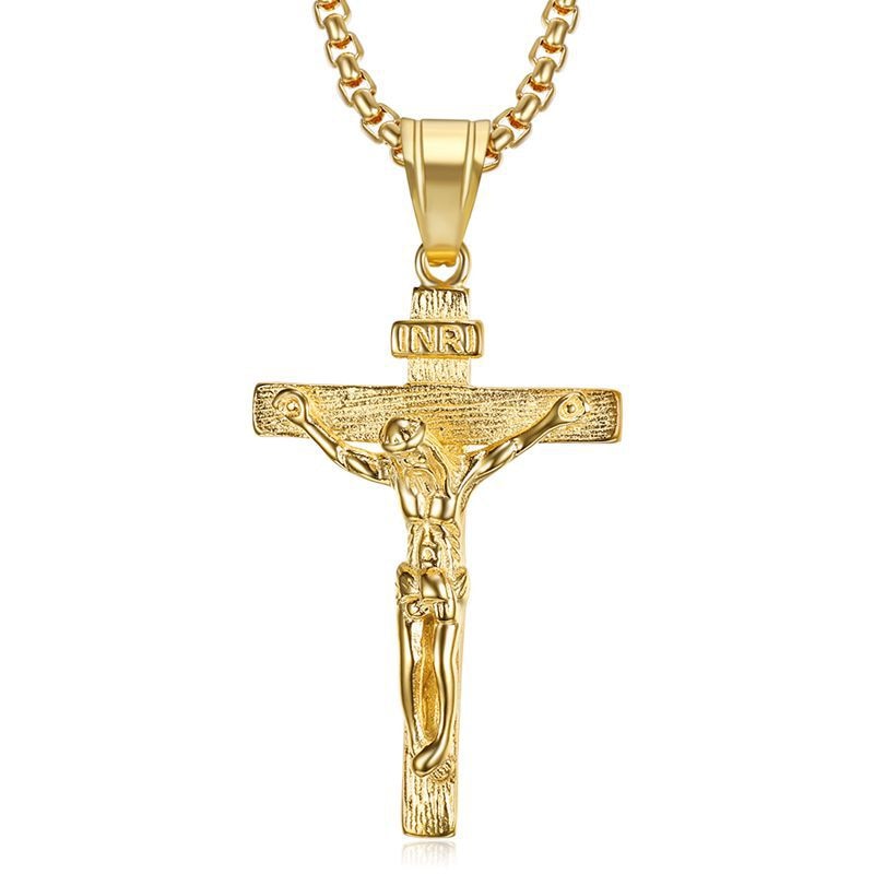 Trendy Men/women Cross Christ Jesus 316L Stainless steel Pendant Necklace Gold color INRI Crucifix Jesus Chain Jewelry Bijoux: Gold / 50cm