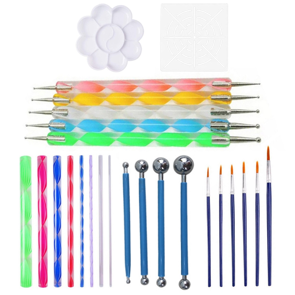 25PCS Mandala Painting Dotting Tools with Dotting Rods Ball Stylus Pen Stencil Paint Tray Brushes for Canva Rock Fabric Wall Art