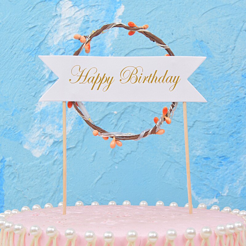 LED Glowing Flower Wreath Cake Topper Happy Birthday Cake Decor for Birthday Party Gold Leaves Cake Toppers: D