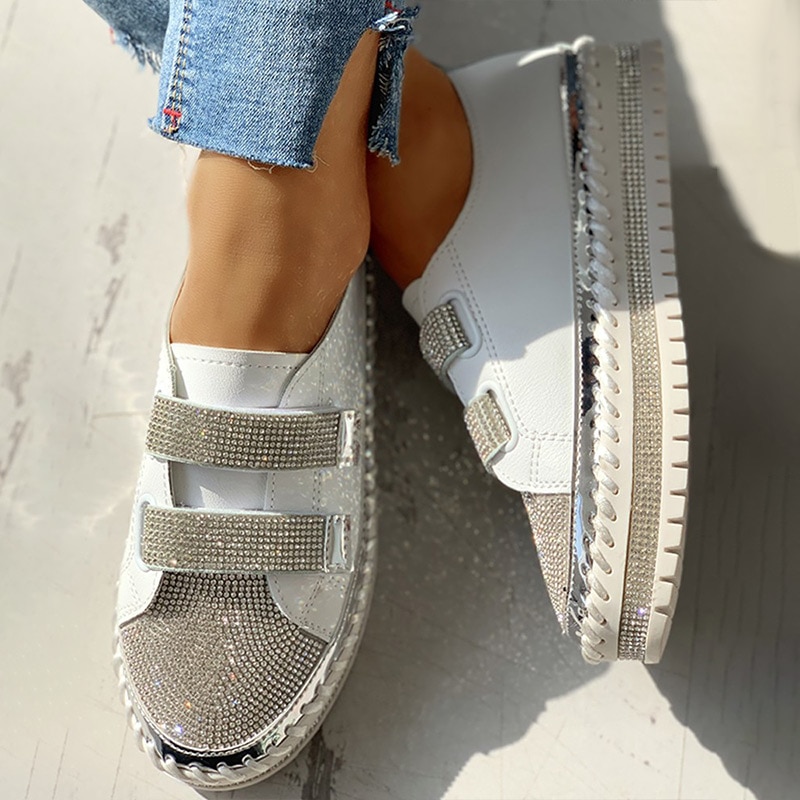 Dam strass casual daglig magic tape sneakers tjocka botten lazy casual dam skor strass kvinnliga platta skor