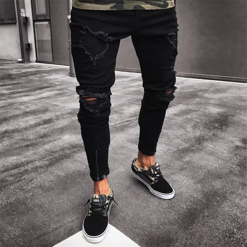 Heren Jeans Cool Brand Black Ripped Ripped Stretch Jeans Slim Fit Hop Broek Met Gaten Voor Mannen