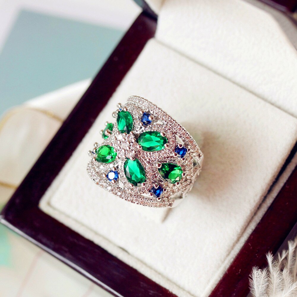 Charme Weibliche Grün Blau Stein Ring Silber Farbe Große Hochzeit Ring Versprechen Liebe Engagement Ringe Für Frauen