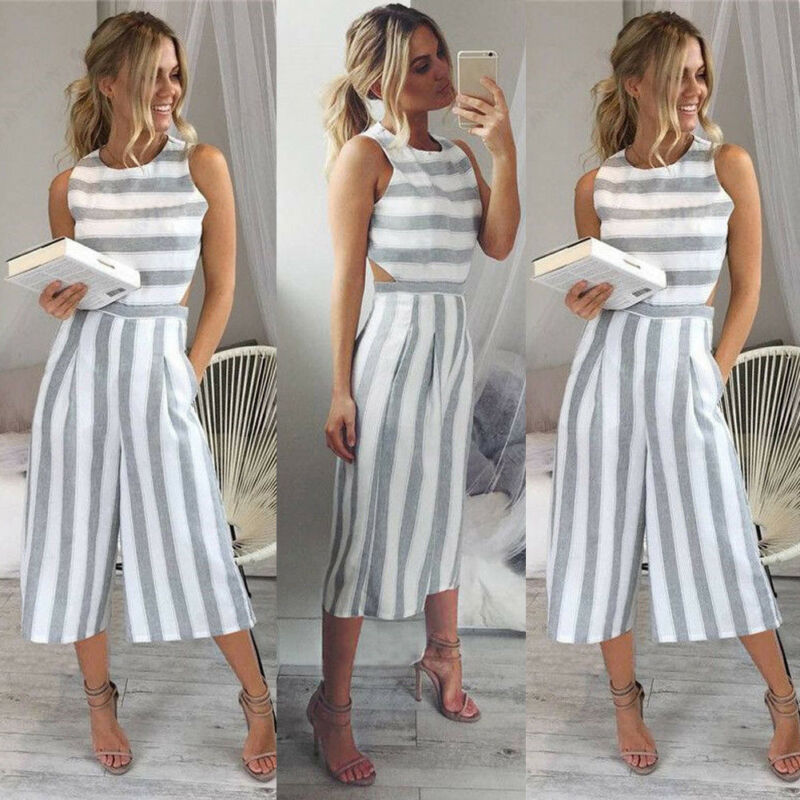 Zomer Vrouwen Clubwear Speelpakje Bodysuit Party Jumpsuit Romper Chiffon Lange Broek Casual Gestreepte Mouwloze Dame Set