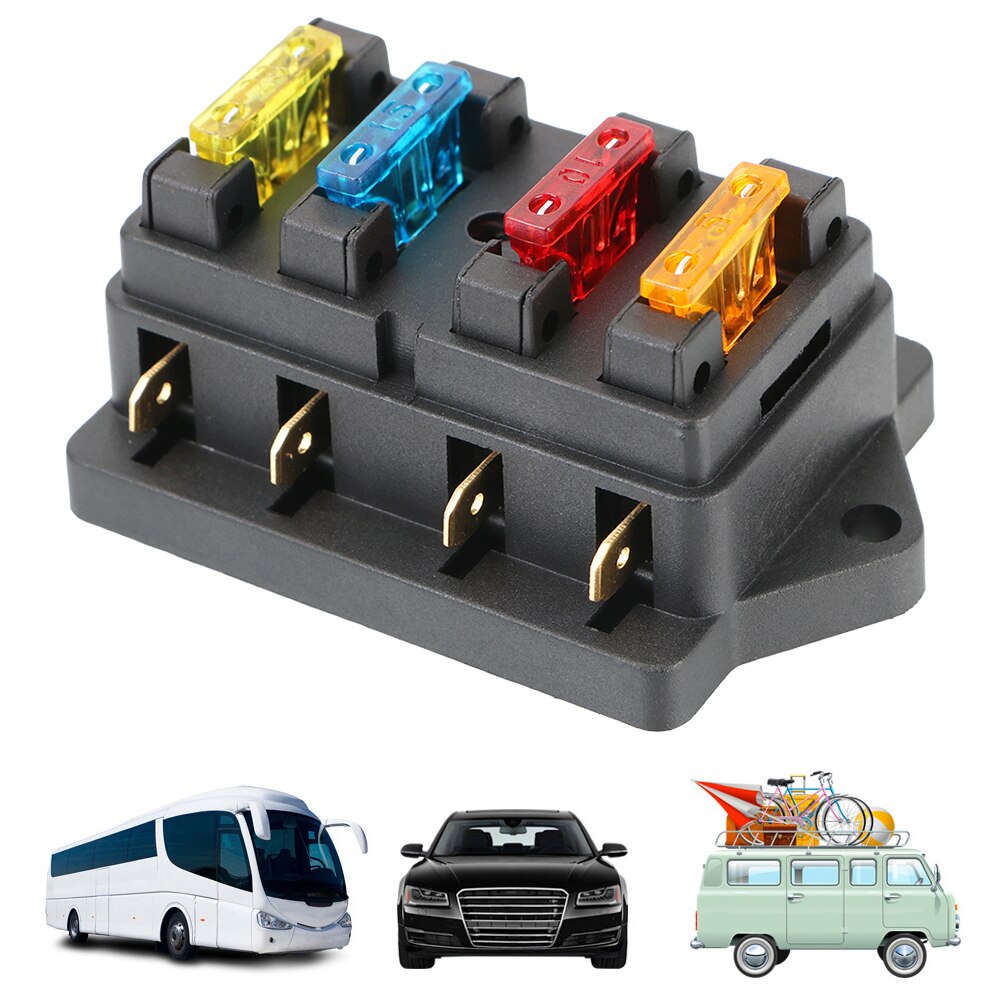 4 Ways Blade Fuse Block 12V/24V+4 Way Fuse Fuse Box Holder Block & Warning Indicator For Auto Car Marine Trike Plastic Cover
