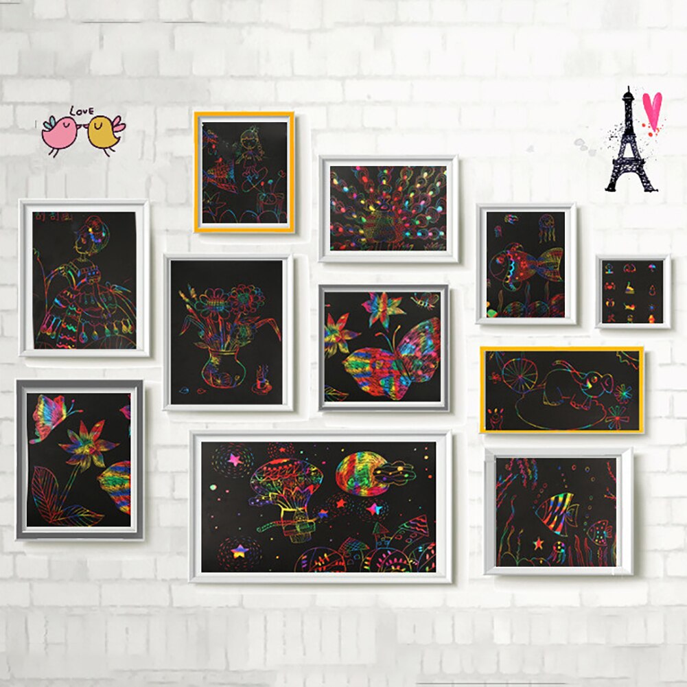 50 Pcs Art Paper Cards Magic Color Rainbow Scratch Art Painting Paper Cards with 5 Graffiti Stencils 5 Bamboo Pens for Drawing