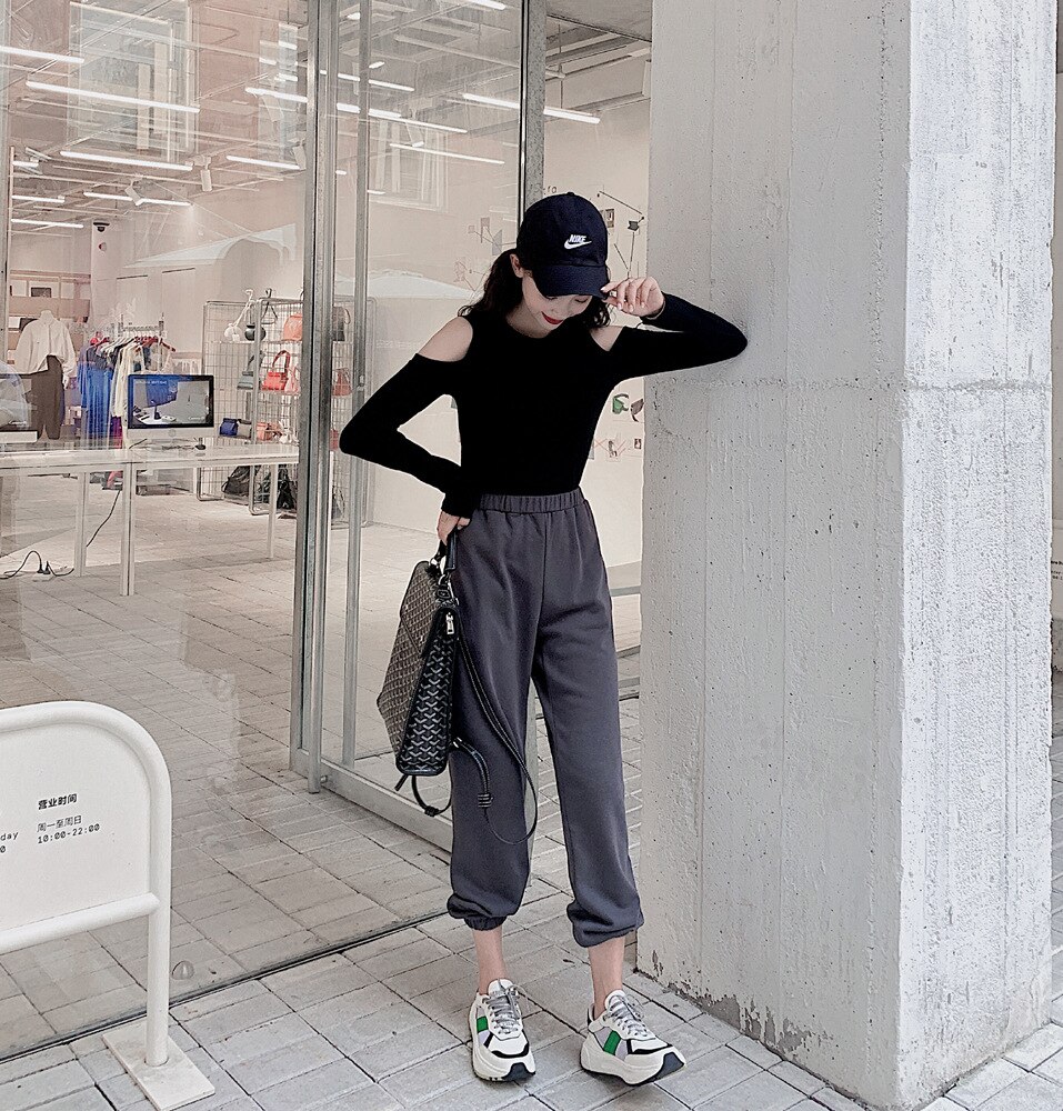 Pantalon de survêtement gris pour femmes, couleur unie, taille haute, ceinture, jogging, sport de rue, Harlan