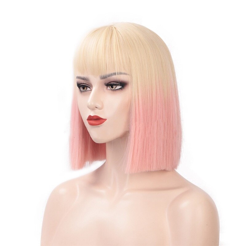 Perruque de Cosplay synthétique lisse et courte avec frange pour femmes noires, 12 pouces, rose, blond mélangé: Ombre Blonde