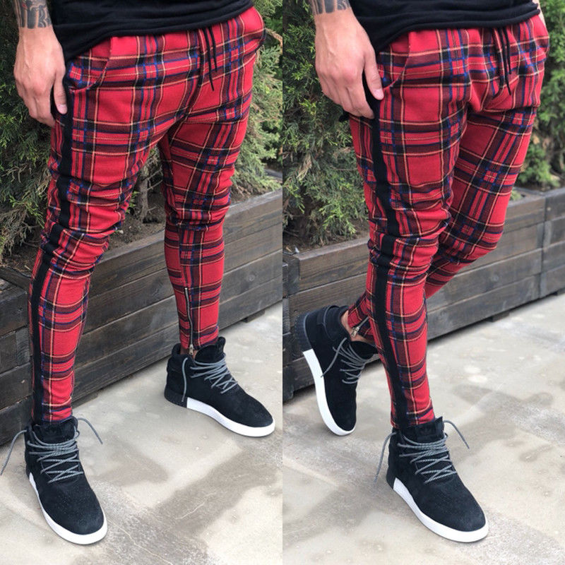 Pants Men Vogue Vintage Plaid Zippers Casual Pencil Pants Trousers Men Side Striped Pockets Casual Harem Pants Trouser