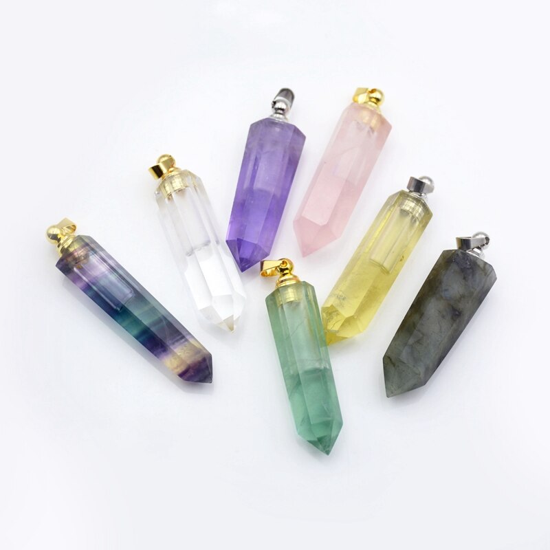 Gemas naturais pedra perfume garrafa pingente difusor de óleo essencial apontado fluorite ametistas cristal jóias hexágono prisma frascos