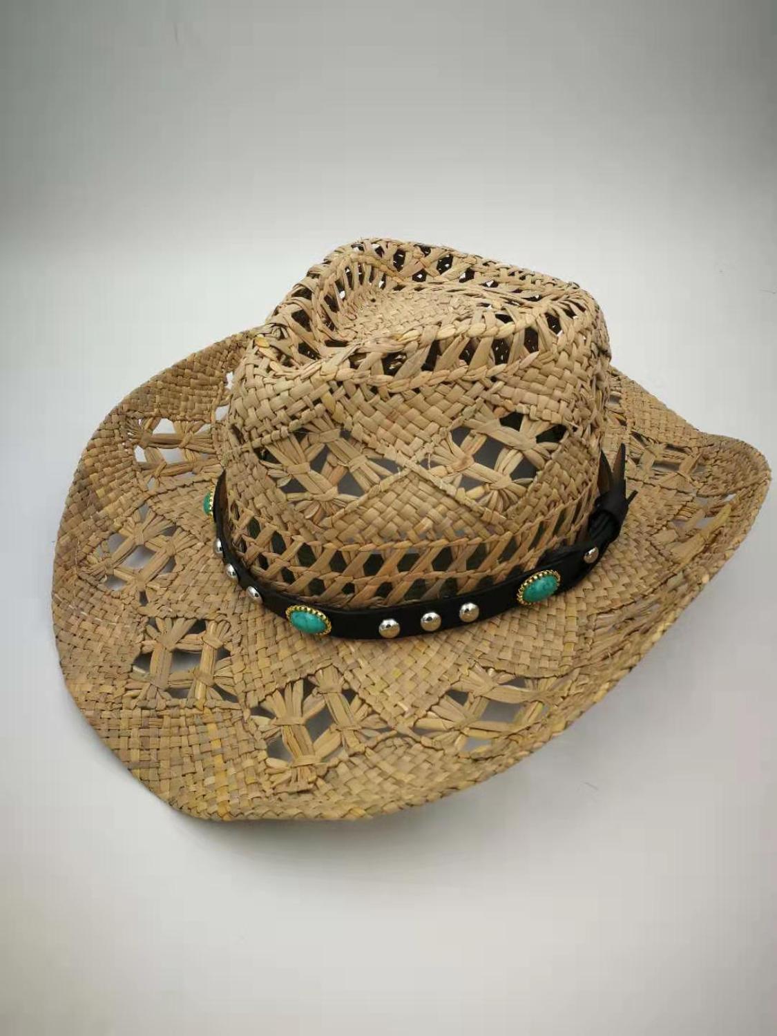 Naturlig raffia halm cowboy hat kvinder mænd håndlavede væve cowboy hatte til dame kvast sommer vestlige hatte  l3: 5