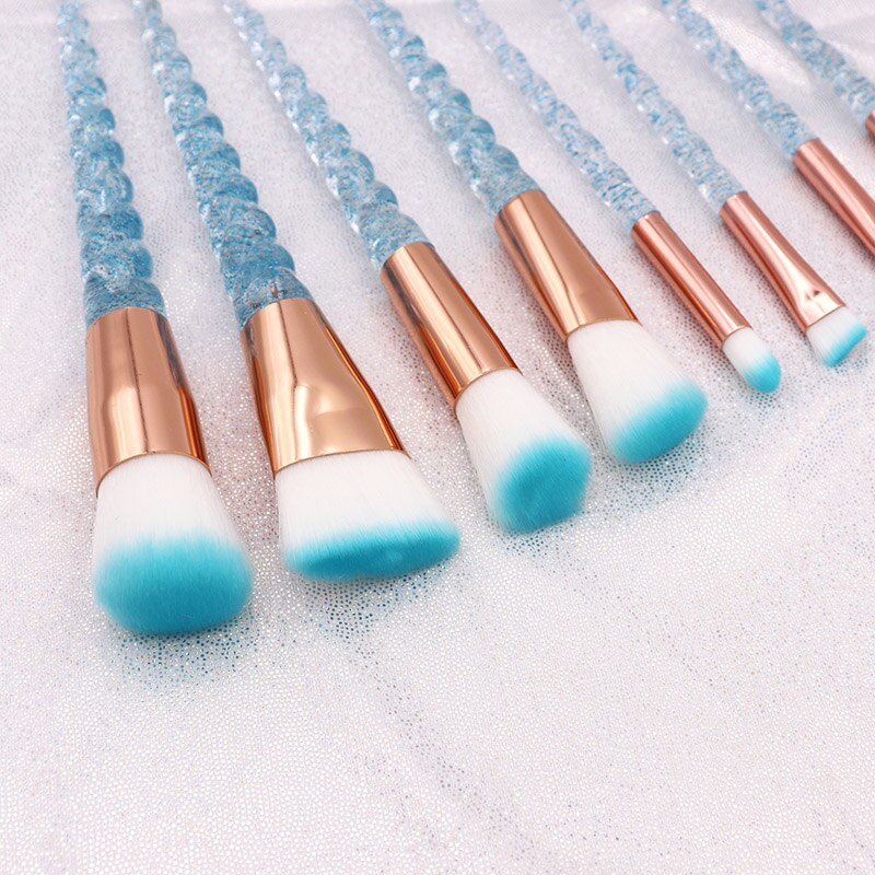 Kit de pinceaux de maquillage licorne bleu, fard à paupières, fond de teint, brosses à lèvres, cristal diamant, 10 pièces