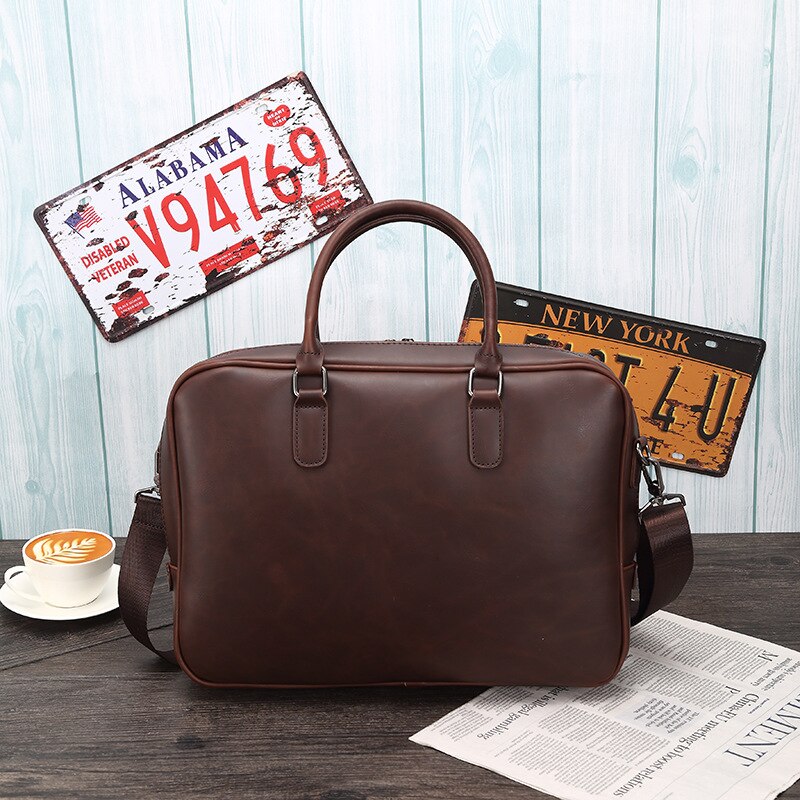 Bruine laptoptas, leren herentas, pu aktetas, zakelijke tas, computertas, werktas, kantoortas, schoudertas, messenger bag, vintage 0093