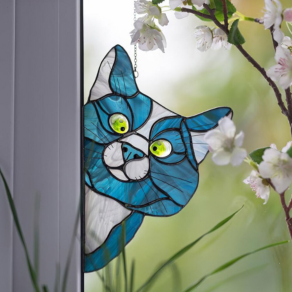 1PC Stained Glass Cat 3D Stained Glass Cat Window Hanger Peeking Cat Hanging Pendant Decor For Window Funny Cat Decor