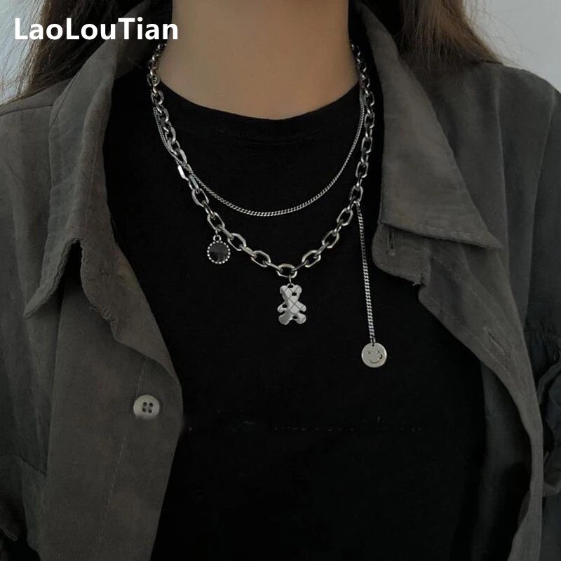 Korean Stainless Steel Choker Layered Necklace Women Punk Trendy Dainty Chain Statement Pendant Hip Hop Jewelry