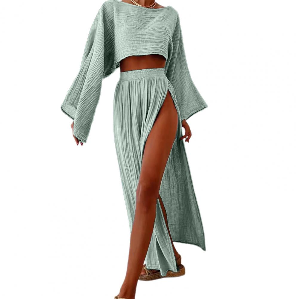 2 Teile/satz Frauen Crop Top Rock Set Schräg Hals Kurze Top Split Rock Strand Bikini Coverup Club Party Top Röcke Setnostice: M / Hellgrün