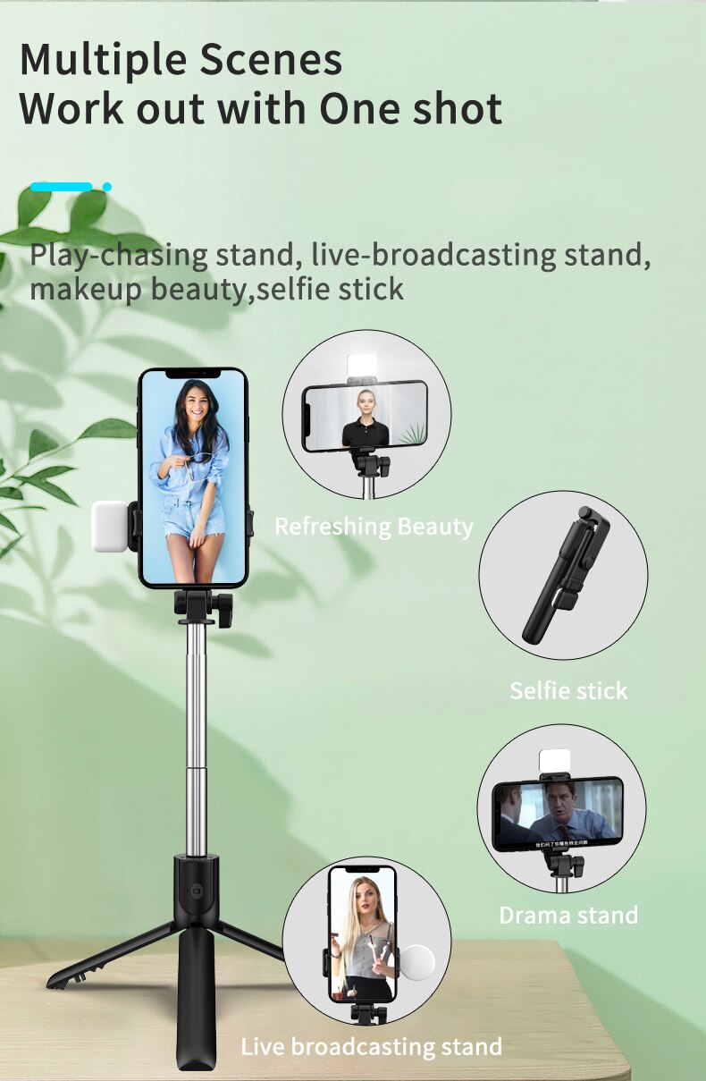 Wireless bluetooth selfie stick foldable mini tripod with fill light shutter remote control Self-Timer Rod Stick