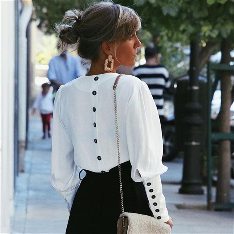 V-hals dames blouse shirts pofmouw knoop witte blouse zomer herfst dames shirt top dames kantoor chiffon blouse tops