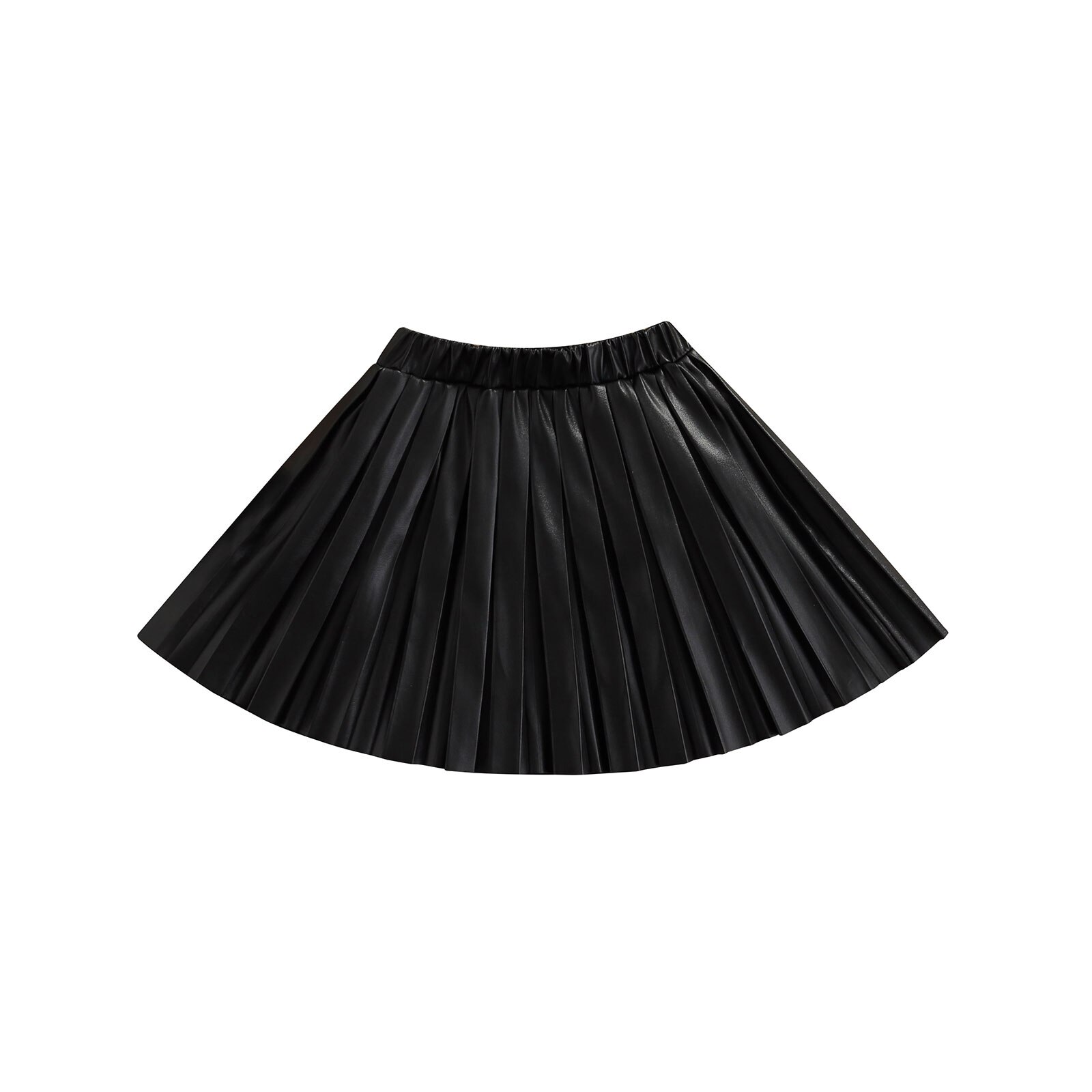 Kid Girl Leather Pleated Skirts Elastic Waist Solid Color Knee Length Half Skirt Children's Clothing
