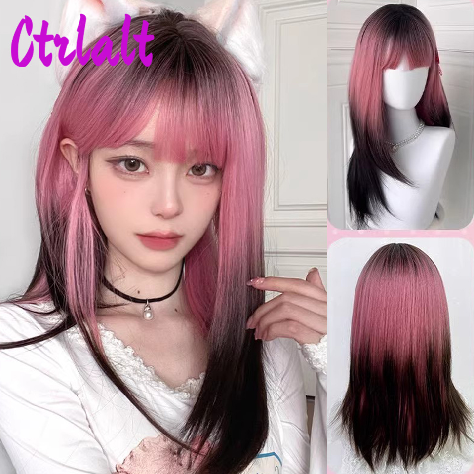 Pelucas de pelo Natural sintético en capas para mujer, color negro y marrón, ondulado, para uso diario, con flequillo de cortina, resistente al calor