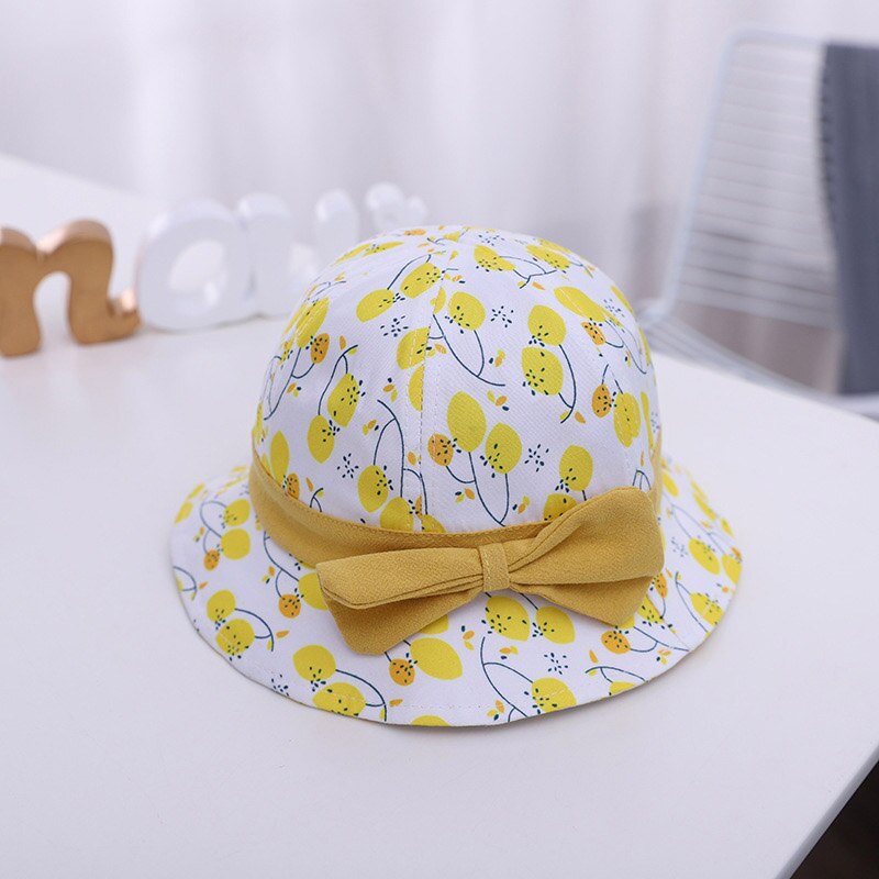 Fleur imprimé mignon bébé filles casquettes réglable nœud papillon enfant en bas âge seau chapeau été en plein air enfants soleil chapeaux enfants Bonnet: yellow