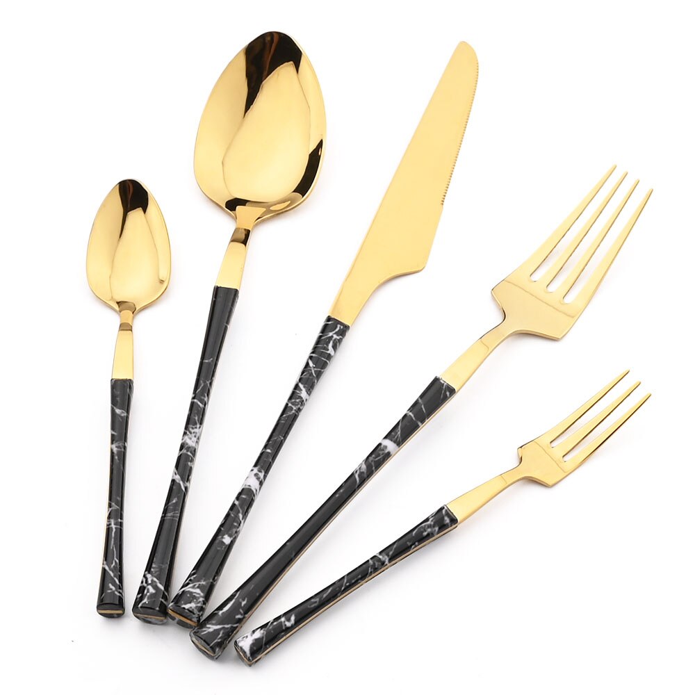 1/2/4/6/8Set Imitatie Marmer Servies Bestek Roestvrij Staal Bestek Set Keuken houten Handvat Mes Vork Lepel Servies: 2 set / Black Gold
