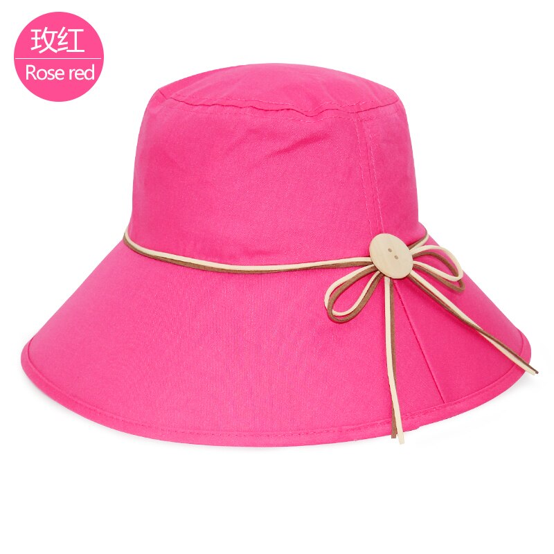 Simple kvinder sommer strand rejse bowknot bred skygge solhat vendbar foldbar kasket pigehat: Rosenrød