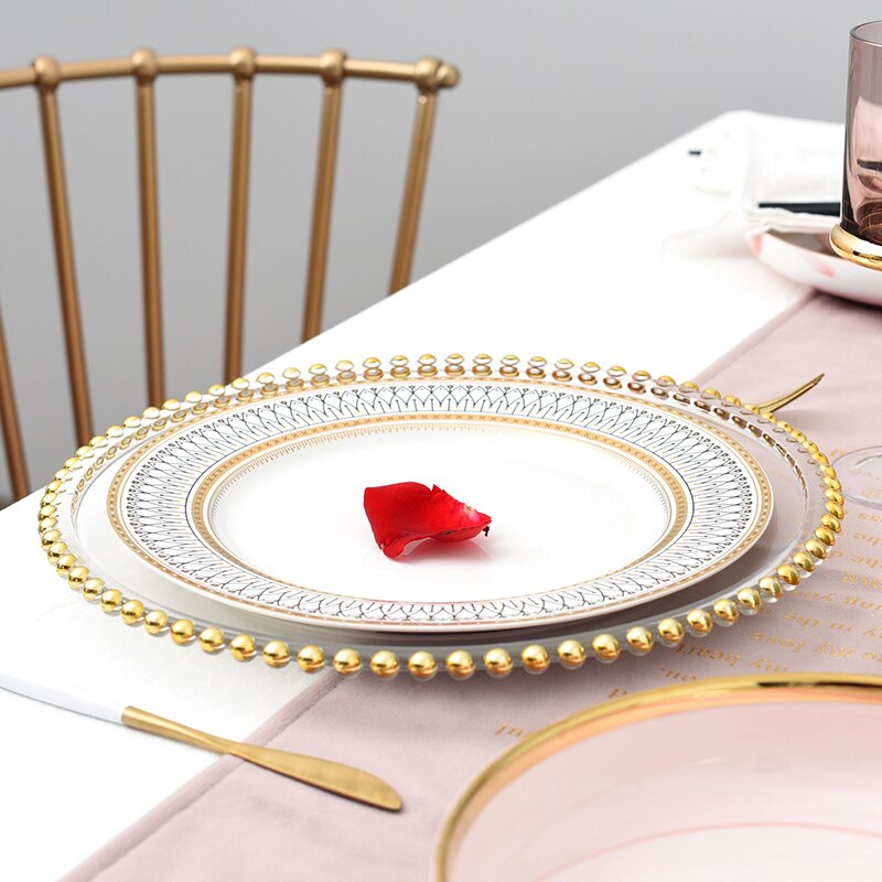 Dinnerware Set Plates Nordic Gold Bead Glass Charger Plate for Dinner Decorative Salad Fruit Wedding Plate Dinner Platos