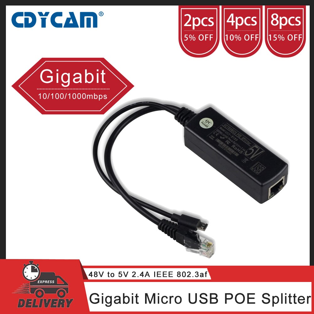 Cdycam PoE Splitter Gigabit 5V Micro USB Power and Ethernet to Raspberry Pi Work with Echo Dot, Most Micro USB Security Camera