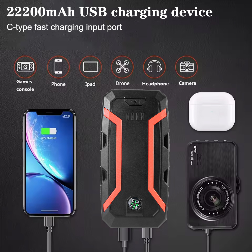 Autobatterie-Anlasser, 12 V, tragbarer Auto-Starthilfe, 3000 A, automatisches Startgerät, Notstart-Powerbank-Booster, 22200 mWh
