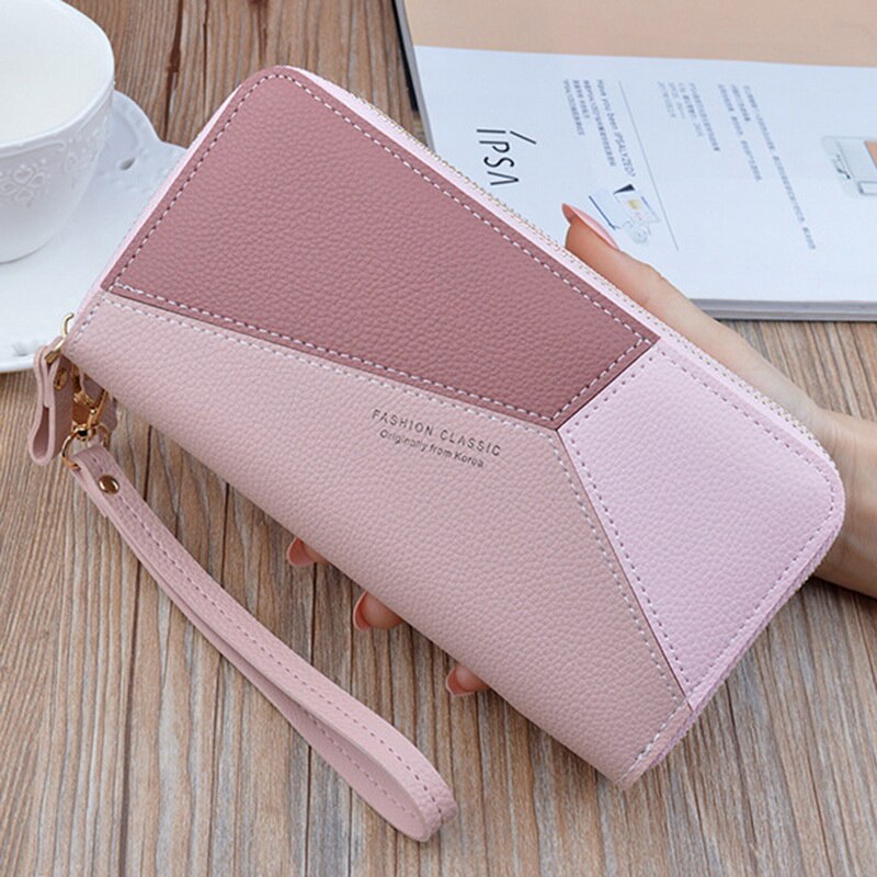 Geometrische dames clutch roze portemonnees telefoonvak portemonnee kaarthouder patchwork dames lange portemonnee dame creditcard pu doos
