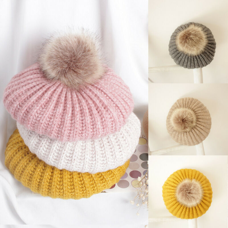 Linda gorra de boina de bolas de Pom Unisex bebé invierno Bebé abrigado sombrero de punto Casual gorra de color liso para 2-6T niños niñas niños