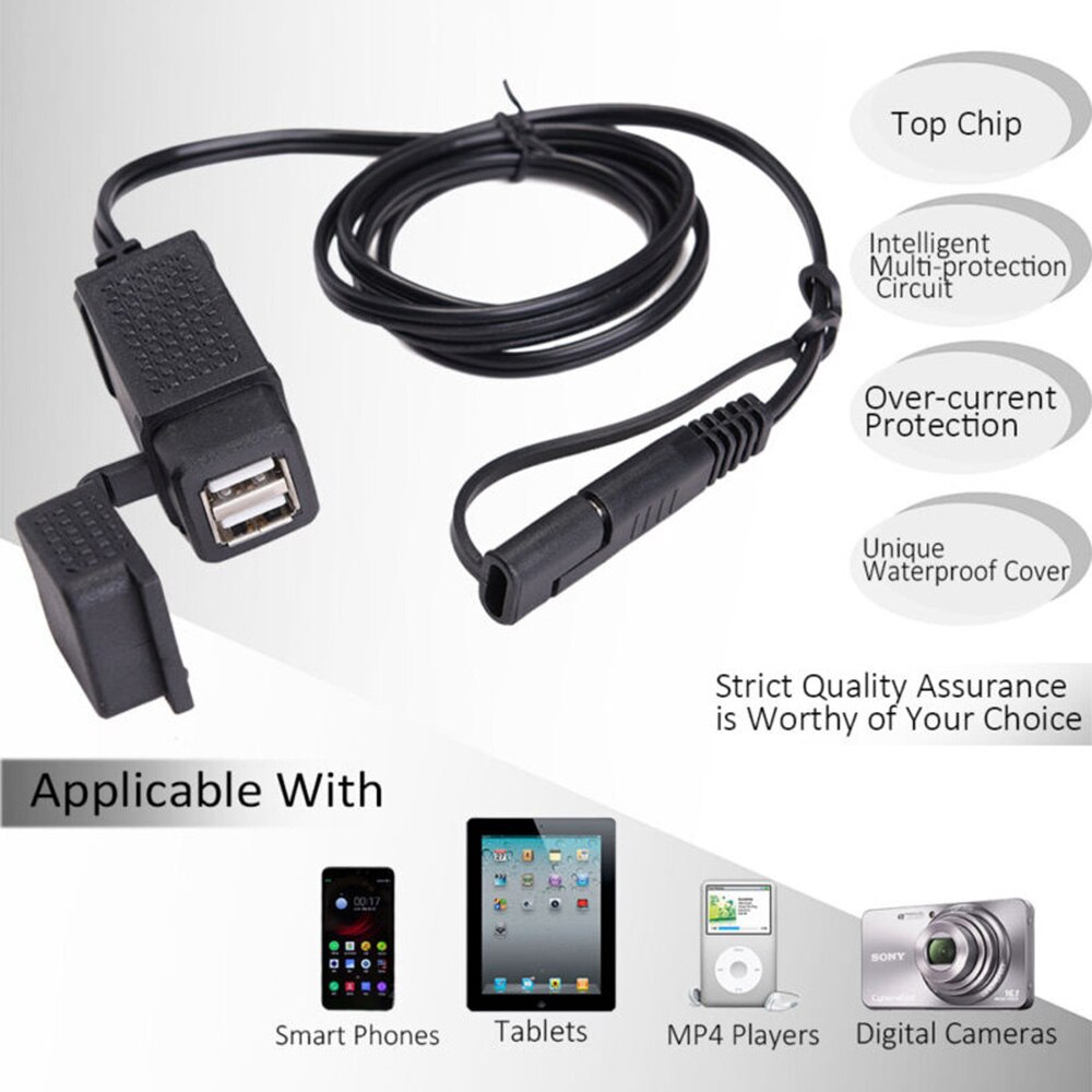 3.1A Motorcycle SAE Cable To 2 USB Adapter Weatherproof Charger Socket Durable And Practical