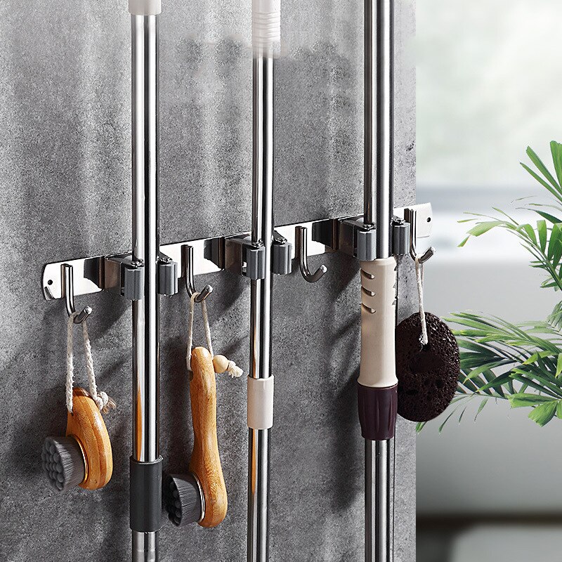 Stainless Steel Mop Holder Wall Hook Punch-free Strong Glue Wall Mounted Mop Organizer Holder Brush Broom Hanger