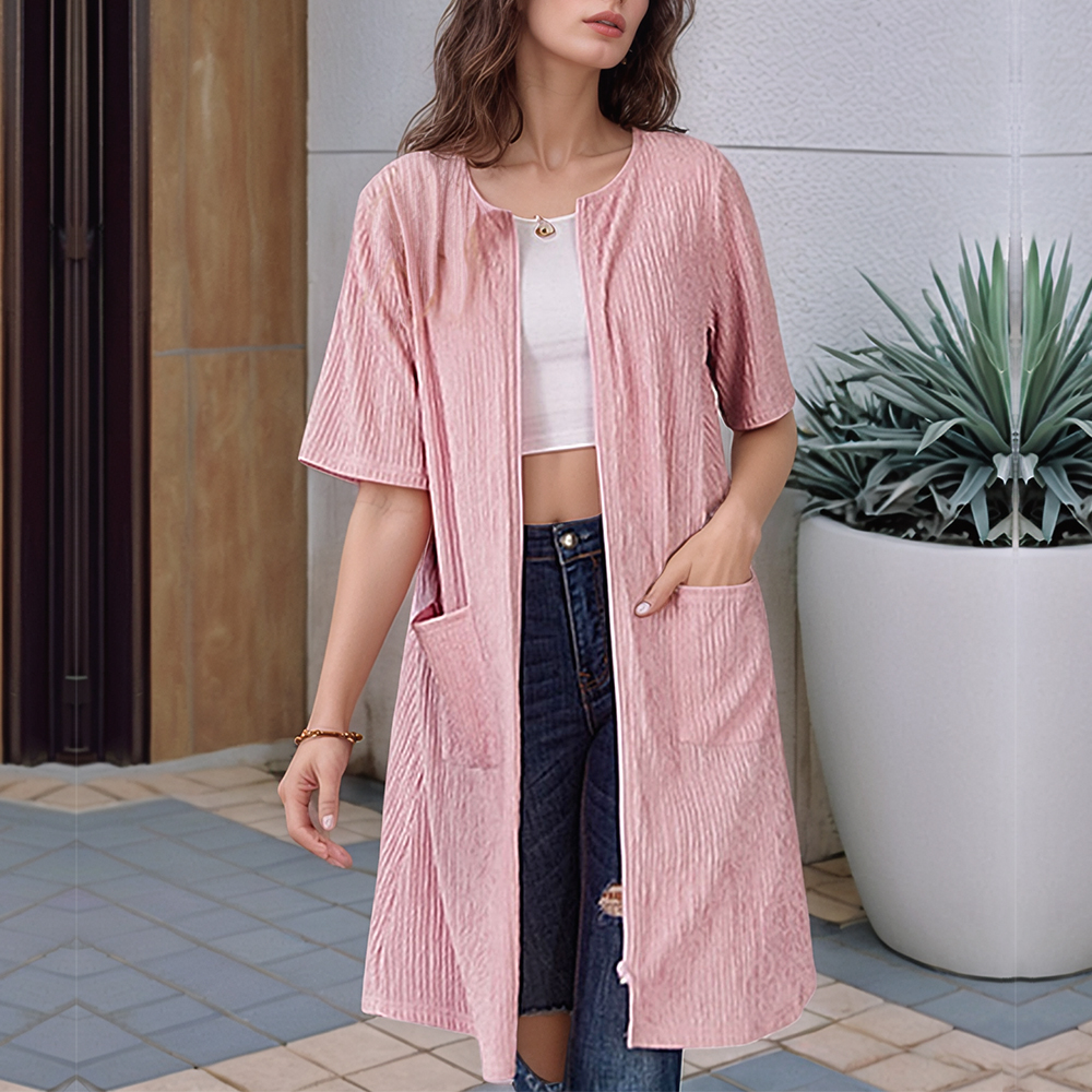 Albornoz de punto de manga corta para mujer con bolsillos, bata con cremallera, vestido de casa, ropa de dormir, camisón: M / Rosa