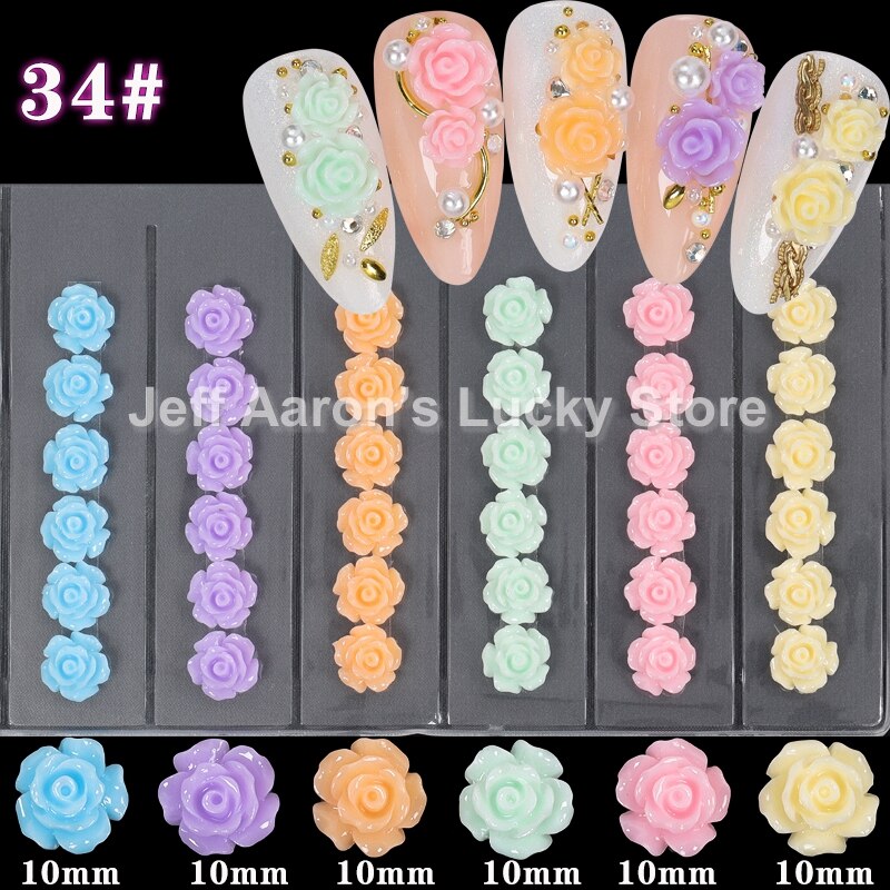 Blandet stil negler harpiks rose blomster cabochons cameo baseinnstilling 6mm 3d turkise rose blomster neglekunst dekorasjon tilbehør: Gzh 34