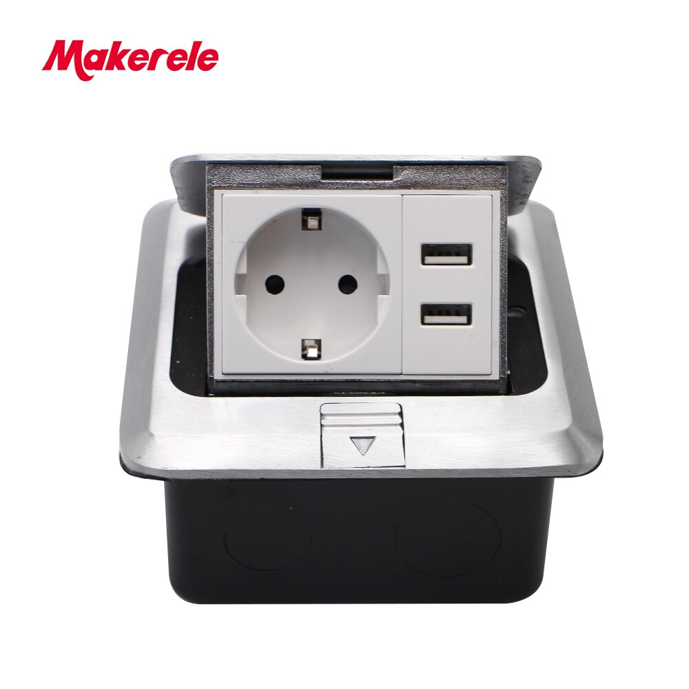EU Standard Floor Socket square shape Pop Up Outlet Box with rj45 net/phone/USB connector aluminium alloy panel Makerele
