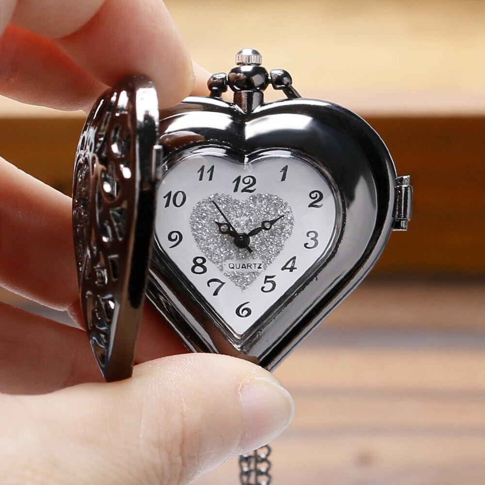 Zwarte holle hartvormige quartz zakhorloge met ketting voor dames en meisjes