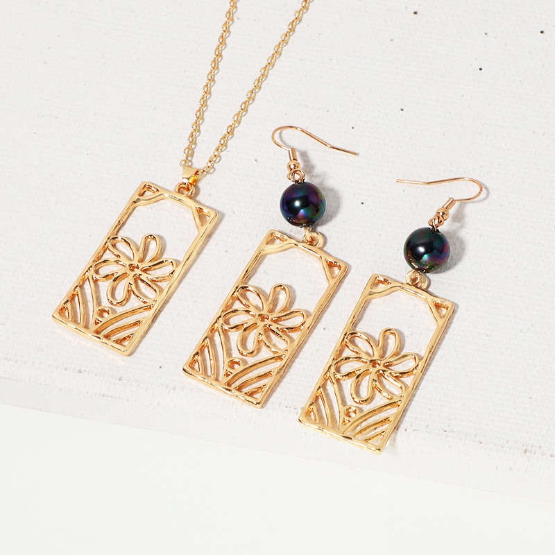 Say Hello Polynesian Hawaiian Samoa Marshall Glass Bead Pearl Marshallese Tribal Plumeria Necklace Earrings Jewelry Set